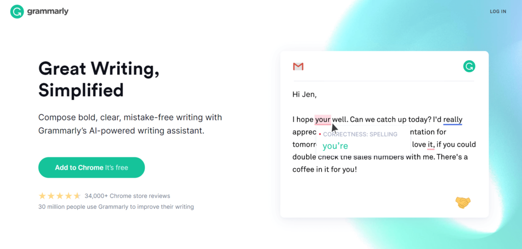 Screenshot of the best writing improvement tool called Grammarly. 