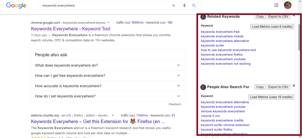 Keywords Everywhere extension result in SERP.