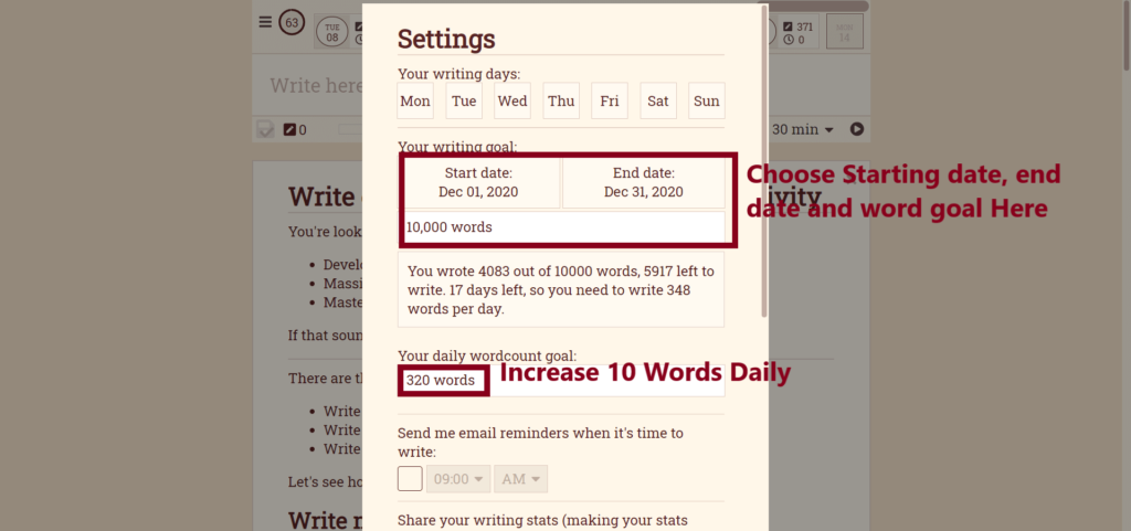 Writingstreak.io settings.