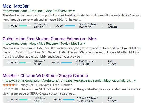 Search engine result page after installing MozBar extension